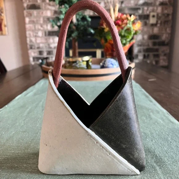 Unique Ceramic Handbag Vase or Planter Modern Art Decor Stamped O - Picture 2 of 6